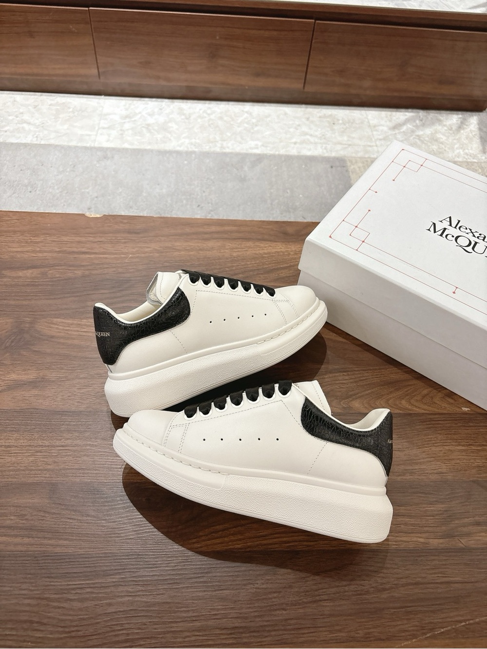 Alexander McQueen White Leather Platform Sneakers with Black Heel Tab